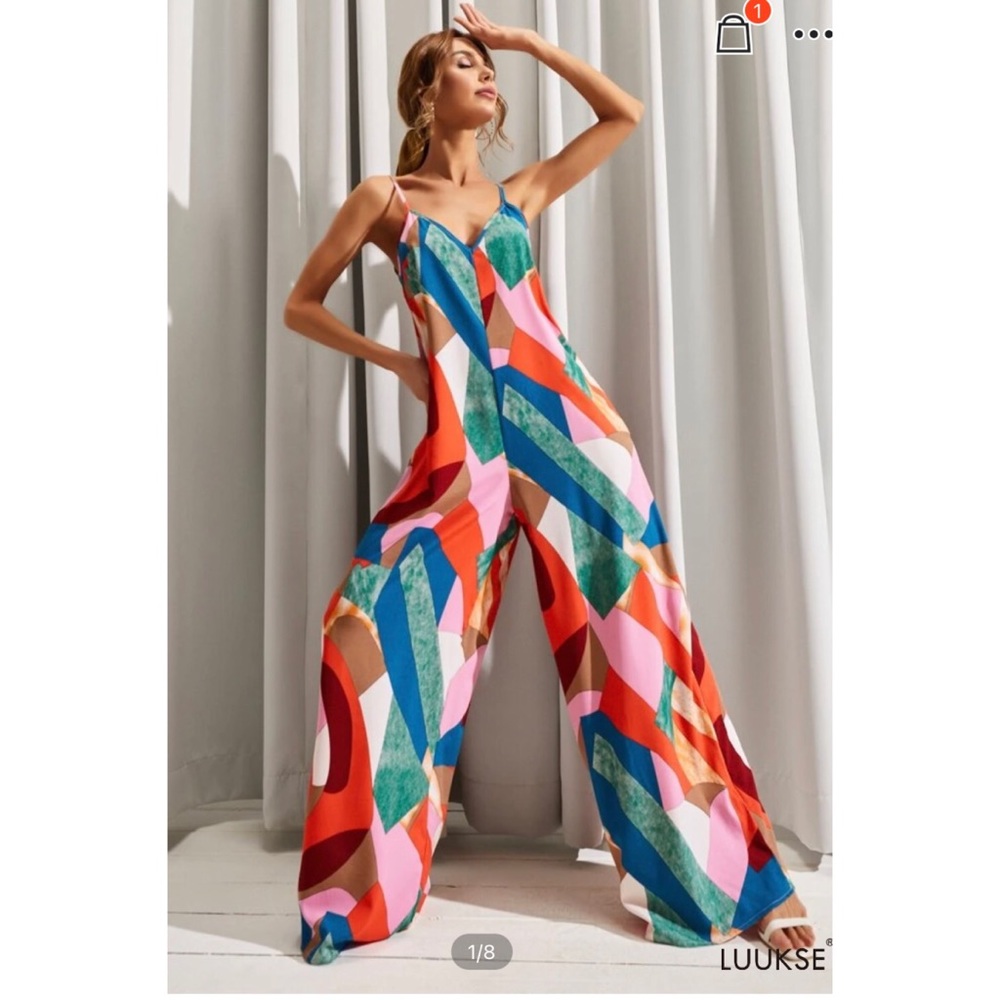 Backless Patchwork print wide leg  cami jumpsuit